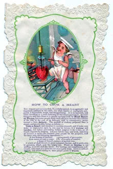 Cupid with cooking guidance on a comic Valentine card Cupid with cooking guidance on a comic Valentine card