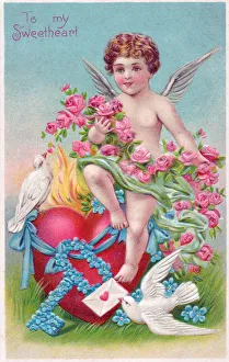 Cupid with flowers, heart and doves on a Valentine postcard Cupid with flowers, heart and doves on a Valentine postcard