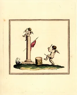 Cupid playing a drum with his standard on a column Cupid playing a drum with his standard on a column