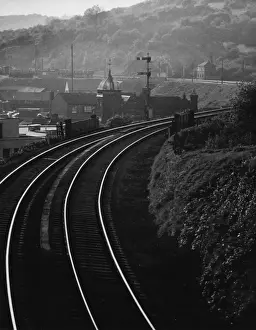 Prints of A dramatic curve in the railway lines near High Wycombe, Buckinghamshire, England. Date: 1960s Buckinghamshire Prints: Curving Railway Tracks Print, High Wycombe, England, 1960s