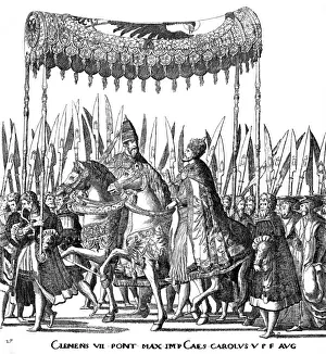 Carl V crowned Emperor by Pope Clement VII, Bologna Print 1530