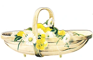 Daisies and buttercups in a basket on a cutout card Daisies and buttercups in a basket on a cutout card