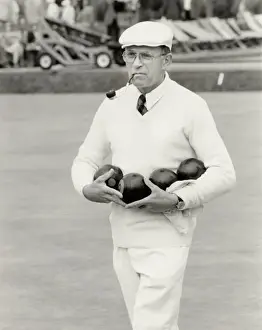 Prints of David Bryant, CBE, bowls legend; a trout-fishing, pipe- smoking man of Somerset who is regarded as the greatest player in the history of the sport Somerset Prints: David Bryant, CBE Print: A portrait of a Somerset man with pipe