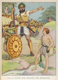 David and Goliath Print: A towering Goliath looms over youthful David