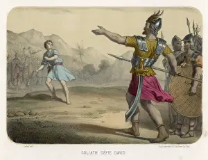 Print of David challenging Goliath