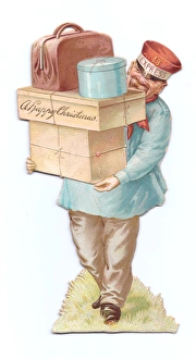Delivery man with parcels on a Victorian Christmas card Delivery man with parcels on a Victorian Christmas card