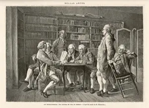 Prints of DENIS DIDEROT French encyclopedist and philosopher who worked as a teacher and a translator. Discussing the encyclopedia with colleagues Denis Diderot Prints: Denis Diderot Print - 19th Century Engraving