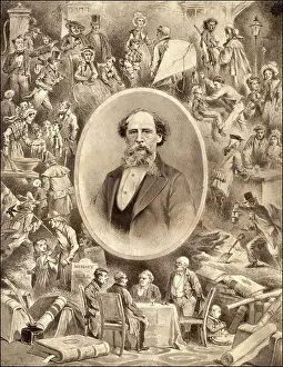 Charles Dickens Print - Portrait of the Author and his Characters