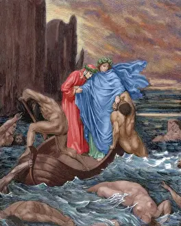 Divine Comedy Illustrations Prints: Divine Comedy. Eigth Canto of Hell. Dante and Virgil cross t