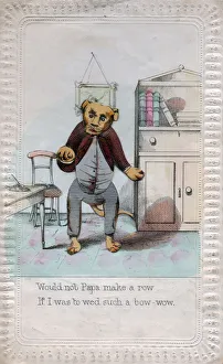 Dog in human clothing on a comic greetings card Dog in human clothing on a comic greetings card