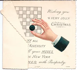 Draughts board with comic verse on a Christmas card Draughts board with comic verse on a Christmas card