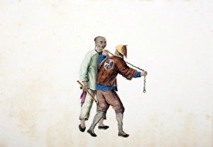 Drawing of Chinese guard leading prisoner on chain Drawing of Chinese guard leading prisoner on chain