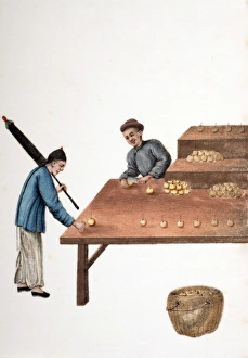 Drawing of Chinese market traders arranging fruit Drawing of Chinese market traders arranging fruit