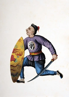 Drawing of Chinese soldier with sword and shield Drawing of Chinese soldier with sword and shield