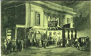 Prints of Scene outside the Drury Lane Theatre in London. Designed by Benjamin Dean Wyatt, it opened on 10 October 1812. Artist signature is Shepherd. Date: 1900s ? Theatre Prints: Drury Lane Theatre London Print 1812