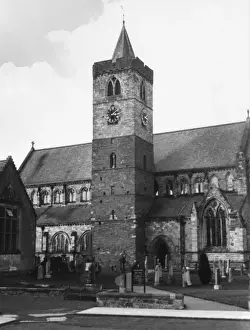 Prints of Dunblane Cathedral, Perthshire, Scotland, founded in 1141 by King David I. Rebuilt in 1240 by Bishop Clemens. The tower is early Norman, the rest pointed style Date: 12th century Historical Site Prints: Dunblane Cathedral Print, 12th century Norman Architecture