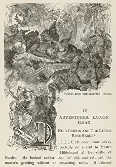 Folklore Illustrations Prints: Dwarfs bind the sleeping heroes