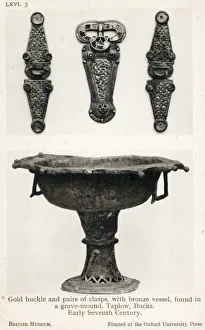 Early Anglo-Saxon Gold Buckle and Pairs of Clasps with bronze vessel found in a grave Early Anglo-Saxon Gold Buckle and Pairs of Clasps with bronze vessel found in a grave