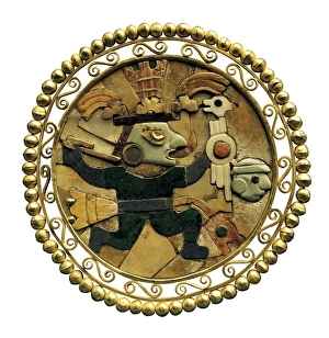 Earmuff with Moche warrior. Gold, shells, turquoises Earmuff with Moche warrior. Gold, shells, turquoises