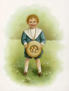 Easter Prints: Easter-themed Print of a Boy Holding Eggs in His Hat