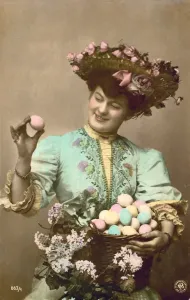 Decorated Easter Eggs Prints: Lady with a basket full of decorated Easter eggs