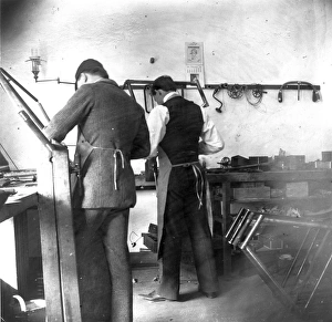 Ed Sines and Orville Wright in the back room of the bicycle Ed Sines and Orville Wright in the back room of the bicycle
