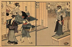 Edo street scene, 18th century, with archery range Edo street scene, 18th century, with archery range