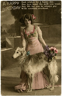 Edwardian woman with her borzois, on a birthday postcard Edwardian woman with her borzois, on a birthday postcard