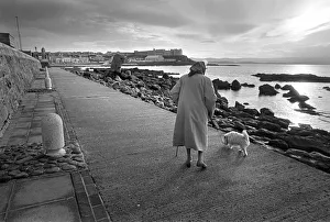 An elderly lady with white dog Portstewart, Northern Ireland An elderly lady with white dog Portstewart, Northern Ireland