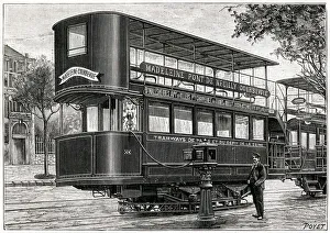 Electric tram being recharged on a Paris street 1897 Electric tram being recharged on a Paris street 1897