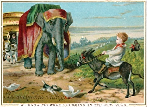 Elephant and circus arriving on a New Year card Elephant and circus arriving on a New Year card