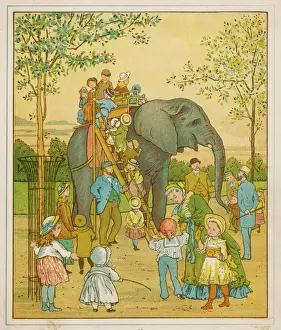 Prints of Elephant rides for children at Regents Park Zoo : the passengers mount by ladder Regents Park Prints: Elephant Ride Print: Children Mount at Regents Park Zoo