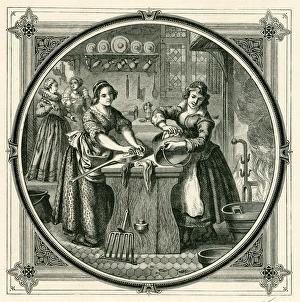 Elizabethan servants polishing saucepans Elizabethan servants polishing saucepans