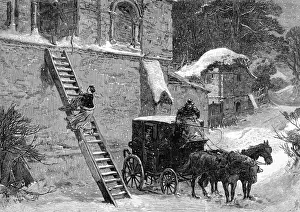 Snowstorm Elopement Print: Young Woman Escaping by Ladder