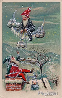 Two elves delivering money on a Christmas postcard Two elves delivering money on a Christmas postcard
