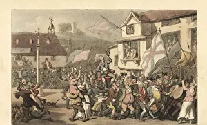 English gentleman carried in a sedan chair for an election English gentleman carried in a sedan chair for an election