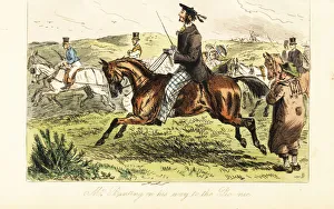 English gentleman riding a horse on his way to a picnic English gentleman riding a horse on his way to a picnic