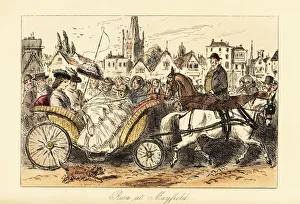 English lady driving a carriage through the busy streets English lady driving a carriage through the busy streets