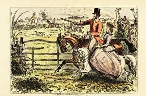 English lady riding sidesaddle in a fox hunt, 19th century English lady riding sidesaddle in a fox hunt, 19th century
