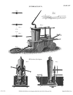 Prints of Engraving of Newshams fire engine, patented in 1725. Date: 1725 Fire Brigade Prints: Engraving of Newshams Fire Engine Print, 1725