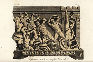 Etruscan warriors hit by Greek arrows at the siege of Thebes Etruscan warriors hit by Greek arrows at the siege of Thebes