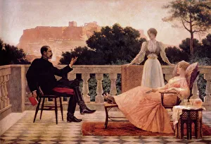 Evening in Athens with wealthy man and two women on a deck Date: 1897 Evening in Athens with wealthy man and two women on a deck Date: 1897
