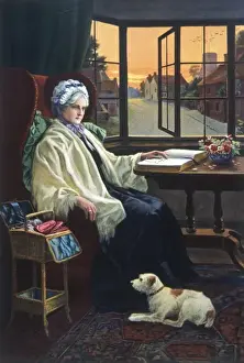Prints of A lonely looking old woman sits looking out at a sunset in a winter sky, while a book lies on her table, a sewing basket is at her side and a dog looks at her expectantly Sunset And Sunrise Landscape Prints: Winter Evening Print of a Seated Woman