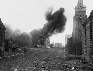 Print of a house in flames, Mons-en-Chaussee, March 1917