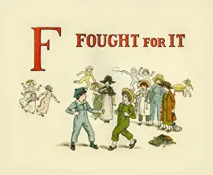 Prints of From A Apple Pie the iconic picture book by Kate Greenaway Date: 1886 Kate Greenaway Prints: Kate Greenaway's Fought for it From A Apple Pie Print 1886