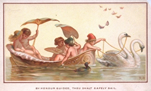 Fairies in a boat drawn by swans on a greetings card Fairies in a boat drawn by swans on a greetings card