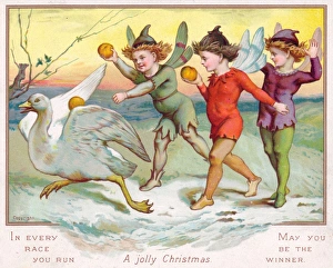 Fairies chasing a goose on a Christmas card Fairies chasing a goose on a Christmas card