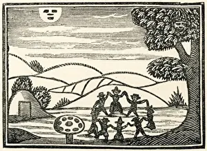 Fairies Dancing Print, a group of fairies in a ring near their fairy mound
