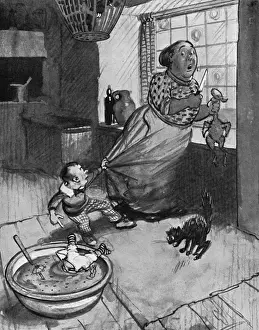 Print of a chaotic family scene during Christmas food preparation