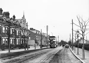 Prints of Falls Road, Belfast - a view of the Falls with tram, horse vehicle and motor car. (Location: Northern Ireland: County Antrim: Belfast). Date: circa early 1900s County Antrim Prints: Early 20th Century Print of Falls Road, Belfast
